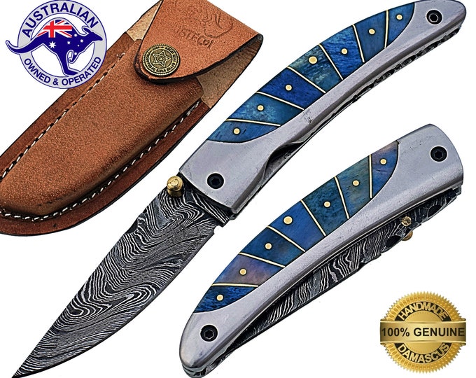 Damascus Steel Handmade 7" Camping Folding Pocket Knife Dyed Bone Handle F46C