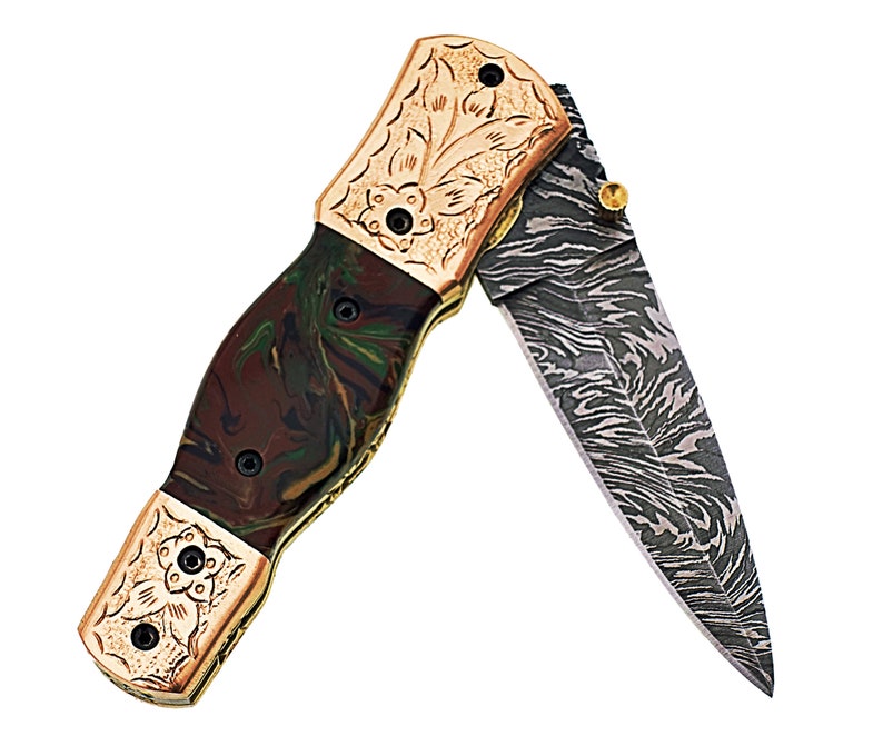 Damascus Steel Handmade 7 Camping Folding Pocket Knife Epoxy Resin Handle F12E image 4