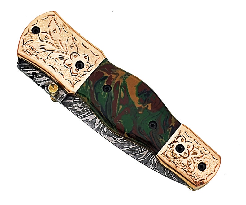 Damascus Steel Handmade 7 Camping Folding Pocket Knife Epoxy Resin Handle F12E image 6