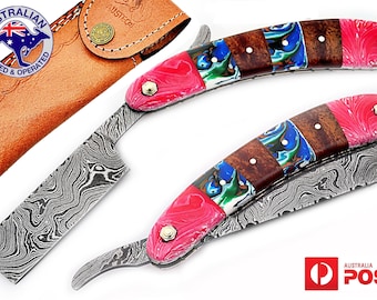Damascus Steel Handmade 11" Folding Pocket Razor Barber Knife Resin & Wood F61B R61B