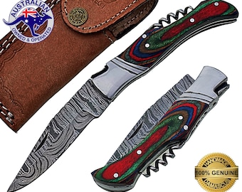 Damascus Steel Handmade 8" Camping Folding Pocket Knife - Dyed Wood F60C