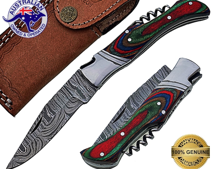 Damascus Steel Handmade 8" Camping Folding Pocket Knife - Dyed Wood F60C