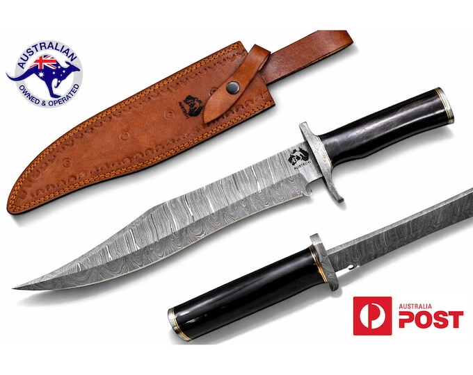 Handmade Damascus Steel 18 Inches Bowie Hunting Knife - Bull Horn Handle W09B