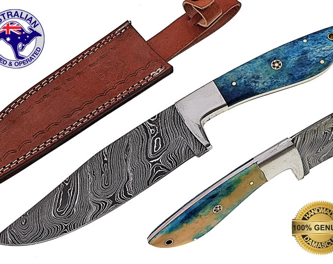 Damascus Steel Custom HANDMADE 10 inch Skinner Hunting Knife - Dyed Bone X36C