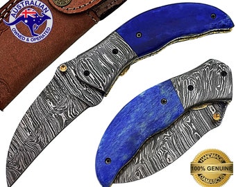 Damascus Steel Handmade 7" Camping Folding Pocket Knife - Dyed Bone Handle F15A