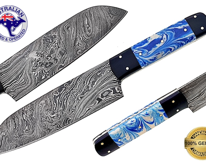 Damascus Steel HANDMADE 12 inch Santoku Chef Hunting Knife Resin Bull Horn X52C