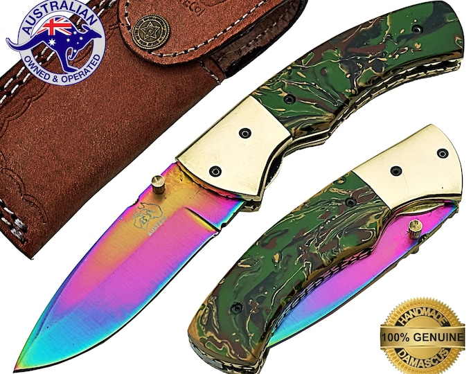 Carbon Steel Handmade TITANIUM Coated 7" Folding Pocket Knife - Epoxy Resin F30E