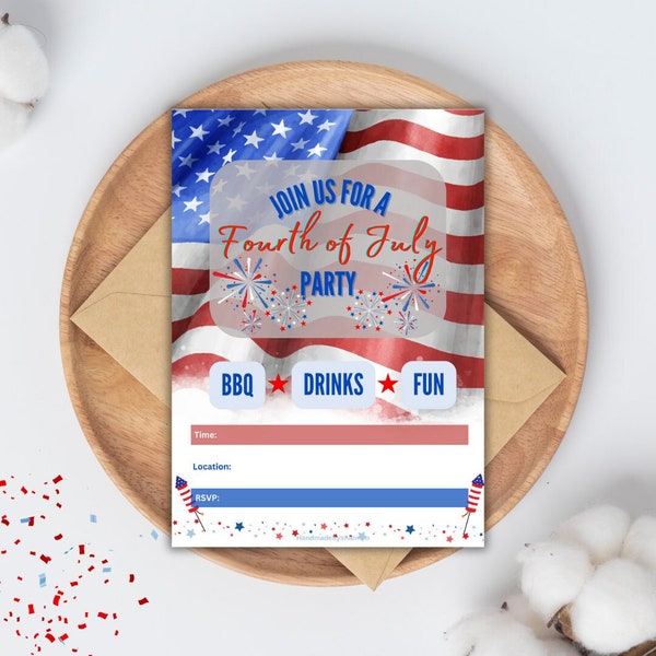 4th of July invitation, BBQ, Party invite, Backyard event, American flag, summer vacation, instant download, printable, seasonal invite