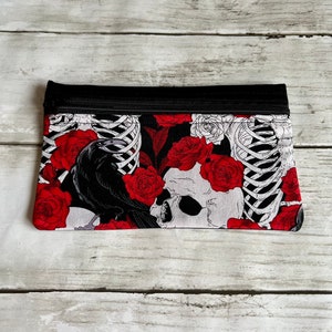 Skull zipper pouch, roses, skeleton, accessories pouch, cosmetic bag, coin purse, zipper pouch, credit card holder, gift for her, essentials