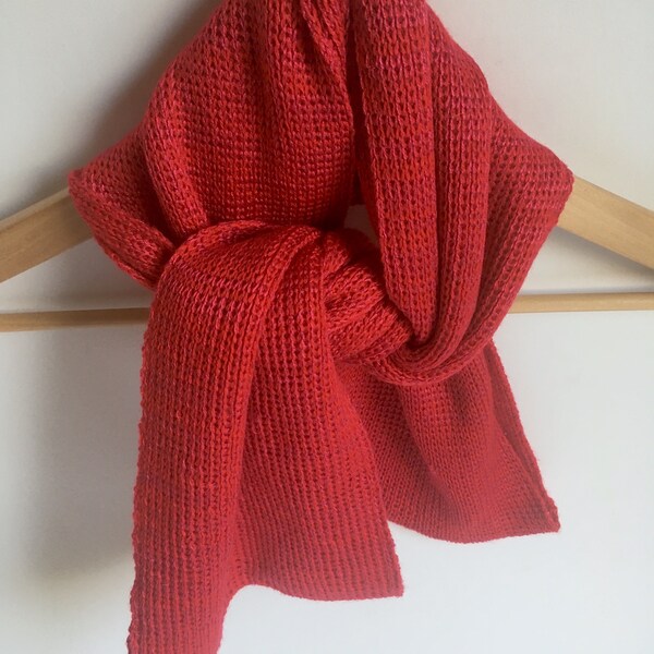 Snood, merino wool, silky acrylic, red,  machine washable, warm,  lightweight, handmade, fine rib, long, versatile, soft, original,