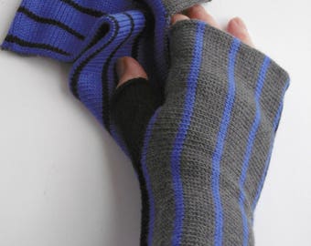 100 per cent Merino wool, wrist warmers, fingerless gloves, dark grey, purple, black , fun, smart, machine washable, stripes, soft, warm,