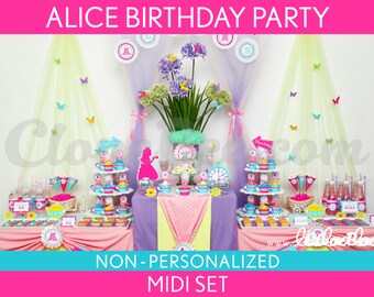 Alice Birthday Party pakket collectie set Midi niet-gepersonaliseerde afdrukbare//Wonderland Tea Party - B40Nz2