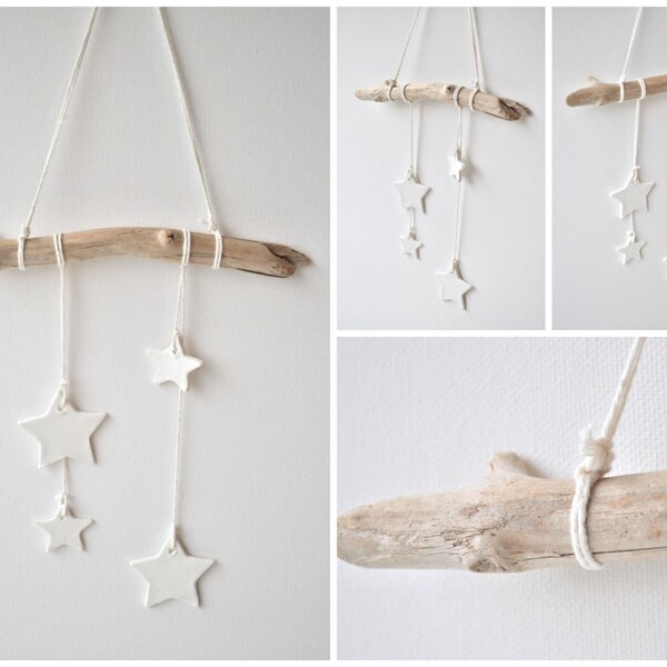 Driftwood wall hanging with white clay stars - nursery decor, wallhanging stars, white moon hanging, bohemian nursery, beach vibe decoration