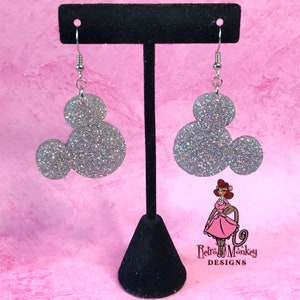 Mouse Ears Disney inspired Mickey and Minnie Shape Sparkle Confetti Silver with hints of Rainbow Glitter Dangle Acrylic Earrings