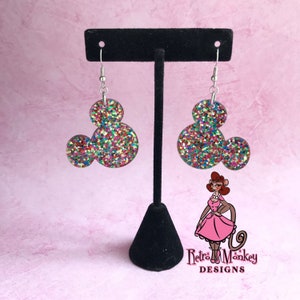 Mouse Ears Disney inspired Mickey and Minnie Shape Sparkle Confetti Rainbow Glitter Dangle Acrylic Earrings