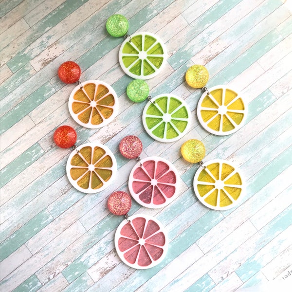 Citrus Slice Fruit in Lemon, Lime, Orange, and Pink Grapefruit Confetti Lucite Retro Mid-Century 1960’s Inspired Novelty Earrings