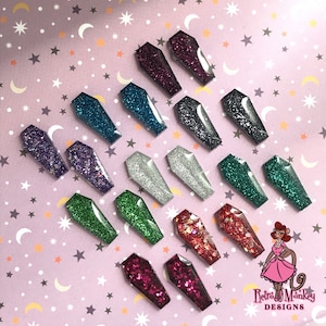 Small Coffin Sparkle Confetti Lucite Spooky Casket Mid-Century Retro Goth Vintage Halloween Inspired Stud Earrings