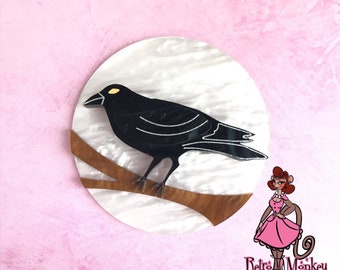 Black Raven With Full Moon Retro Pinup Spooky Halloween Novelty Acrylic Brooch Pin
