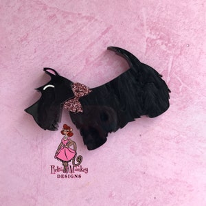 Fala Pearly Black Scottie Dog With Pink Sparkle Bow Vintage Retro Pinup Mid-Century Inspired 1940s 50s Novelty Brooch