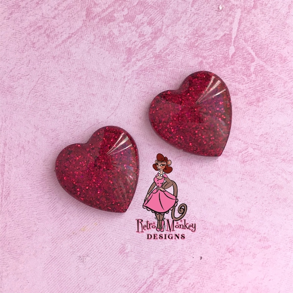 Large Heart Shaped Raspberry Red Dark Pink Fuchsia Sparkle Confetti Lucite Retro Vintage Mid-Century 1950's Inspired Earrings