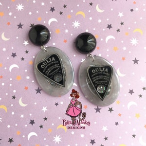 Black Ouija Planchette With Silver Lucite and Gray Faux Bakelite Mid-Century Goth Pinup Inspired Dangle Statement Earrings