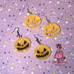 Small Headless Horseman Orange Glow In the Dark Jack-O&#39;-Lantern Vintage Retro Inspired Dangle Earrings Black Light Glow Spooky