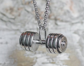Gym Jewelry, Dumbbell necklace, Fitness jewelry, Exercise jewelry, Weightlifting necklace, Athlete pendant, men's jewelry, Gift for him