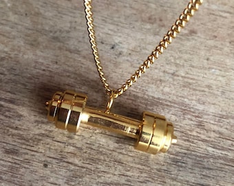 Gym jewelry, gold dumbbell necklace, fitness jewelry, crossfit pendant, athlete jewelry, gift for him, weightlifting jewelry, sport necklace