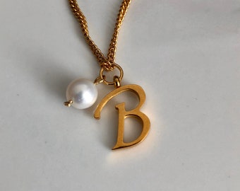 Initial necklace, monogram necklace, letter B, name necklace, letter necklace, gift for her, boho jewelry, dainty pearl necklace