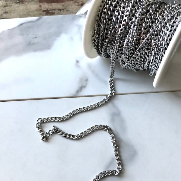 Stainless steel Cuban chain, Box chain, jewelry making, 4mm chain, bulk chain, craft supply, chain by foot, jewelry findings, curb chain