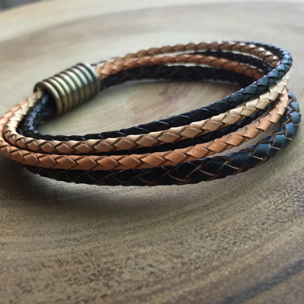 Men's leather bracelet, magnetic clasp, Multi layered bracelet, Brown leather bracelet, Braided bracelet, Wrap bracelet