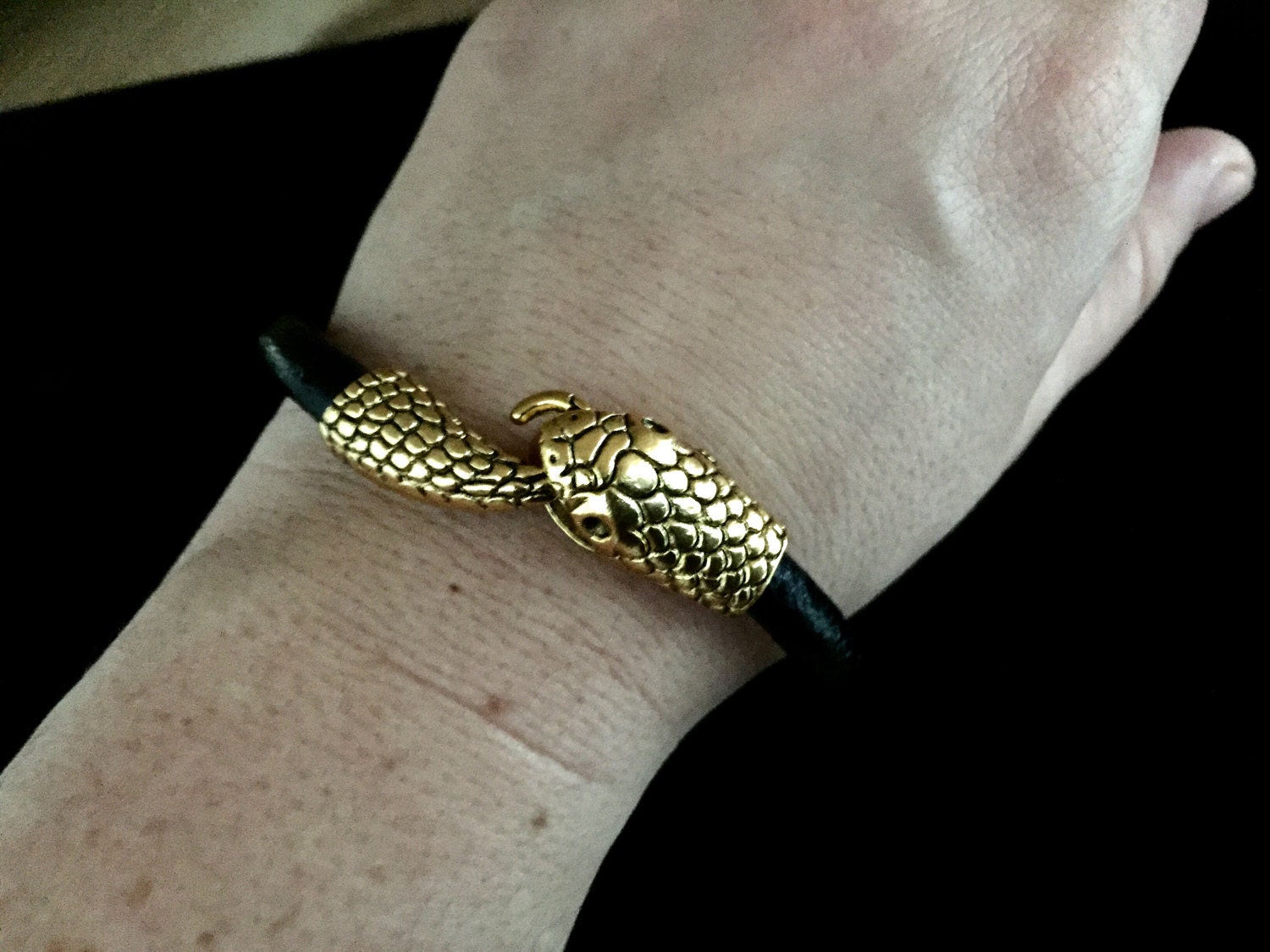 Snake Bracelet, Python Bracelet, Snake Head, Black Leather