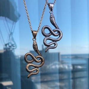 May include: Two silver snake necklaces with a coiled snake pendant. One necklace has a gold chain and the other has a silver chain.