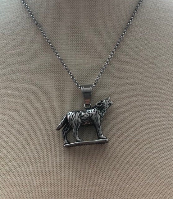 OIDEA Collana Uomo Acciaio Con Ciondolo Testa Di Lupo E Strass Verdi, Catena 22 Pollici