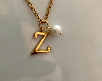 Initial Z necklace, monogram necklace, letter Z, name necklace, letter necklace, dainty pearl necklace, personalized gift, minimalist