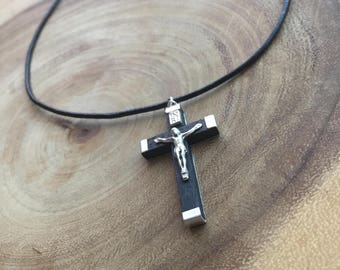 Crucifix necklace, Jesus necklace, Gift for him, black cross pendant, Christian Jewelry, Wood cross, Religious jewelry, mens jewelry
