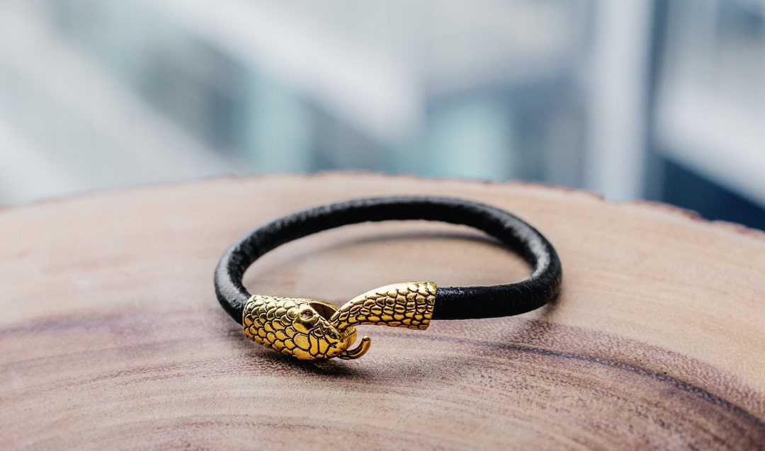 Snake Bracelet, Python Bracelet, Snake Head, Black Leather Bracelet