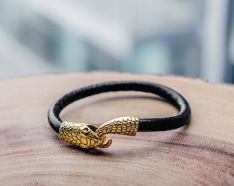 Braccialetto serpente, braccialetto Python, testa di serpente, bracciale in pelle nera, bracciale cuff, regalo per lui, gioielli gotici, ouroboros, gioielli da uomo