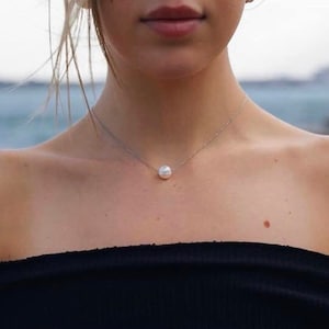Pearl necklace , Freshwater pearl, Floating pearl, Bridesmaids gift, One pearl necklace, Pearl pendant, Bridal jewelry, dainty jewelry, image 1