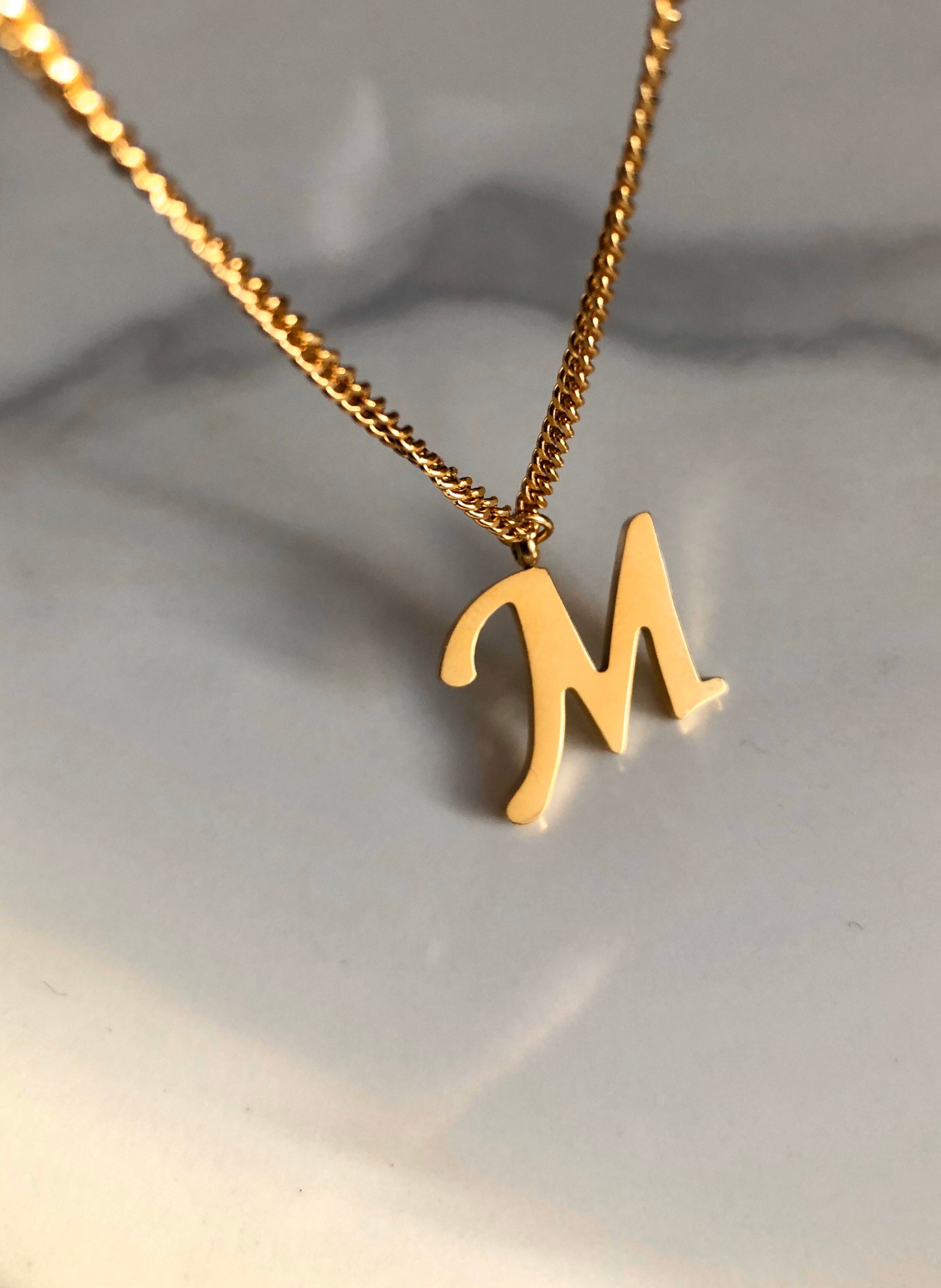 14k Solid Yellow Gold Block Letter Initial M Necklace, Letter M Pendant  10x9.6mm, 0.5mm Box Chain with Lobster Clasp and a Jump Ring at 16