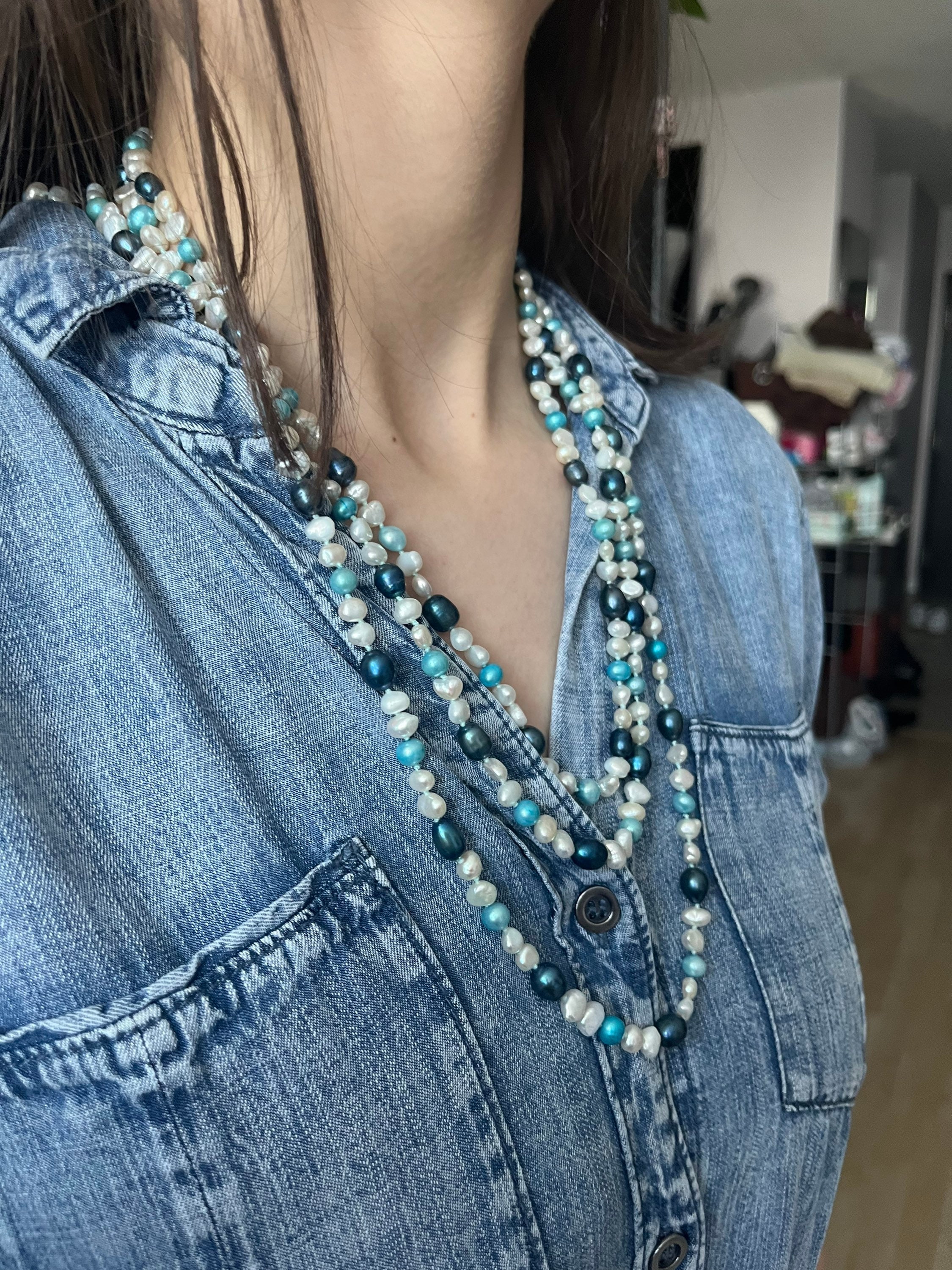 淡水真珠ネックレス、重ね付けジュエリー、ロングパールネックレス