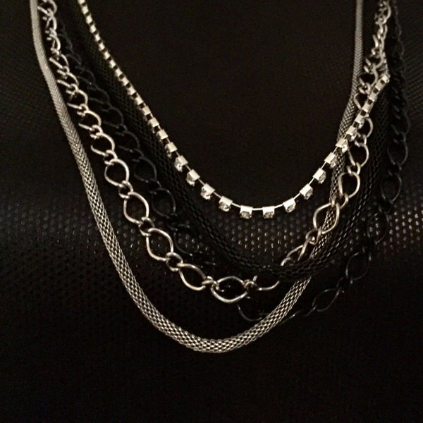 Multi strand necklace, Bohemian jewelry, Black and silver necklace, statement necklace, Rhinestone jewelry, Layered necklace