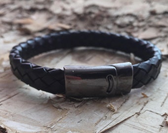 Black Leather Bracelet, leather cuff, Braided leather bracelet, Men's leather bracelet, bangle bracelet, boho bracelet