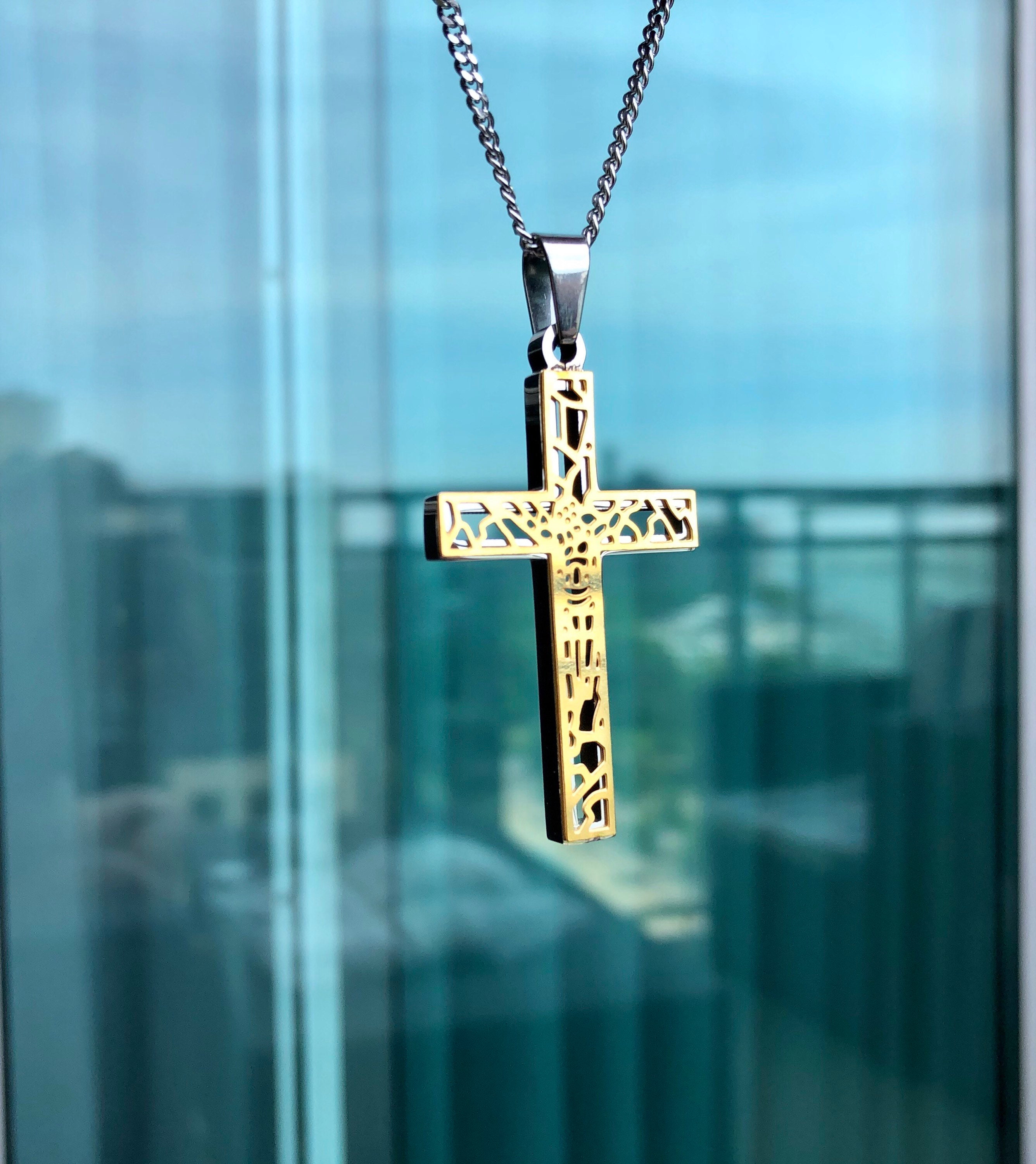 Richsteel Collana Uomo Croce Oro/Nero/Acciaio Inox-Elegante Ciondolo