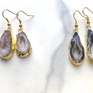 Agate dangle earrings, healing crystal, druzy agate earrings, geode agate jewelry, gemstone earrings, crystal earrings, raw agate