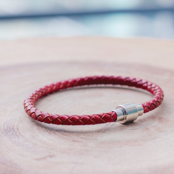 Braided leather bracelet, magnetic clasp, orange leather, red bracelet, Bangle bracelet, gift for him, gift for her, valentines gift