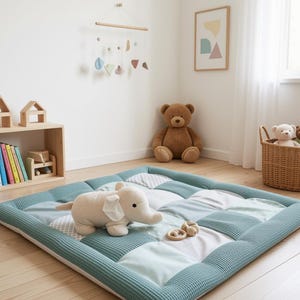 3-4cm dicke Krabbeldecke - Waffelstoff Patchwork - Decke - Babydecke -  mit Namensstickerei - petrol / taupe grau