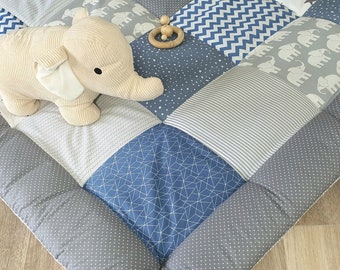 Couverture d'éveil de 3 à 4 cm d'épaisseur - patchwork - couverture - couverture pour bébé - avec nom / date - ELEPHANT Dustyblue Gris Blanc