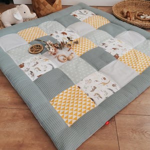 WAFFLE PIQUE - Patchwork - Blanket - Baby Blanket - 3-4 cm thick crawling blanket with name - ZOO ANIMALS Giraffe Zebra / petrol mustard yellow grey