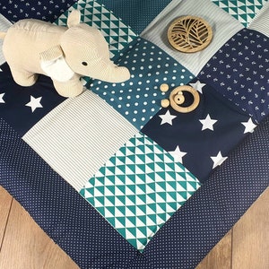 3-4 cm thick crawling blanket - patchwork - BLANKET - baby blanket petrol / dark blue / gray - anchor